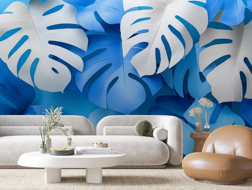Monstera in Blau, abstrakt
